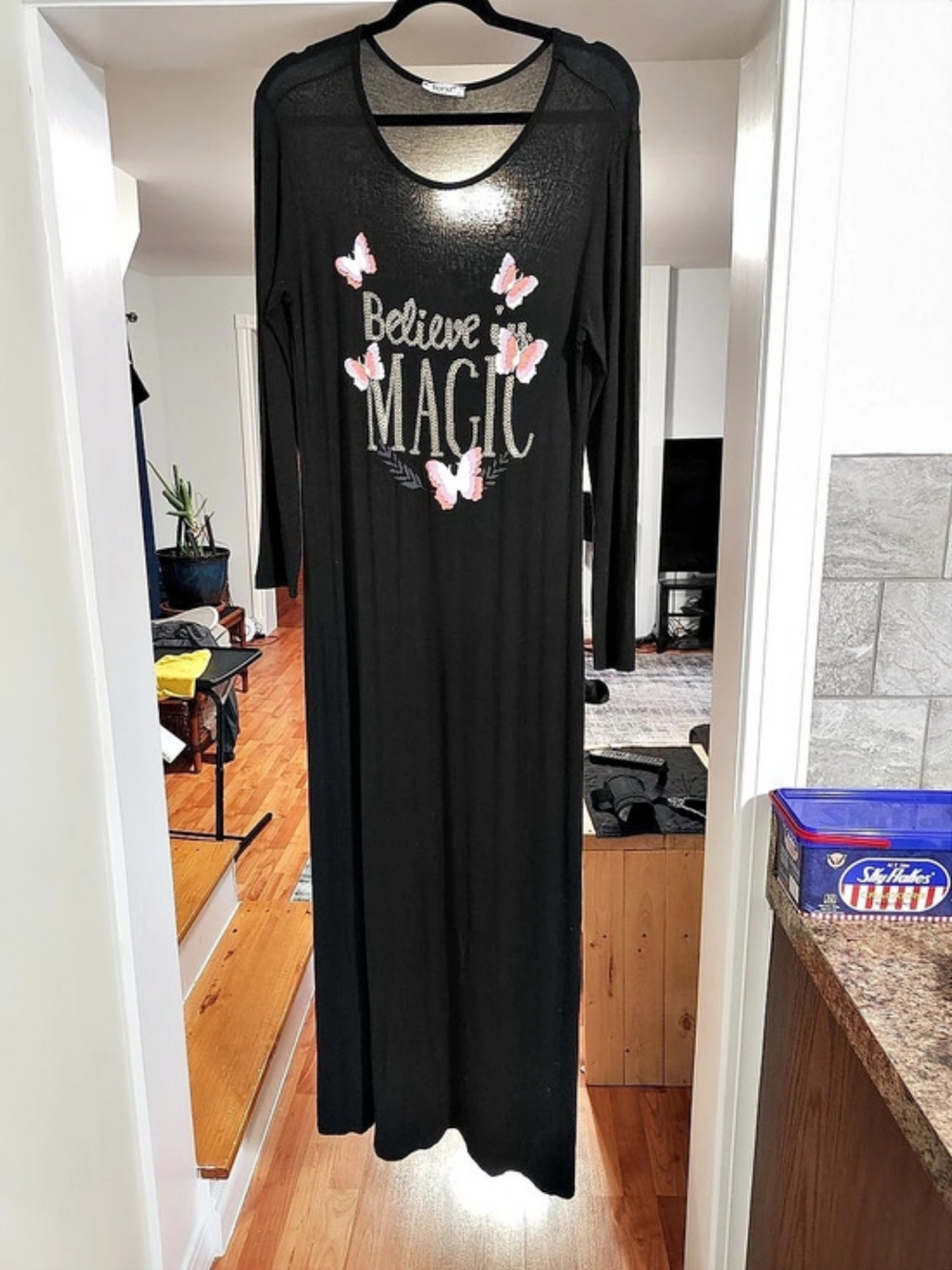 Trend City Black "Believe In Magic" Butterfly Maxi Dress Long Sleeve Size L